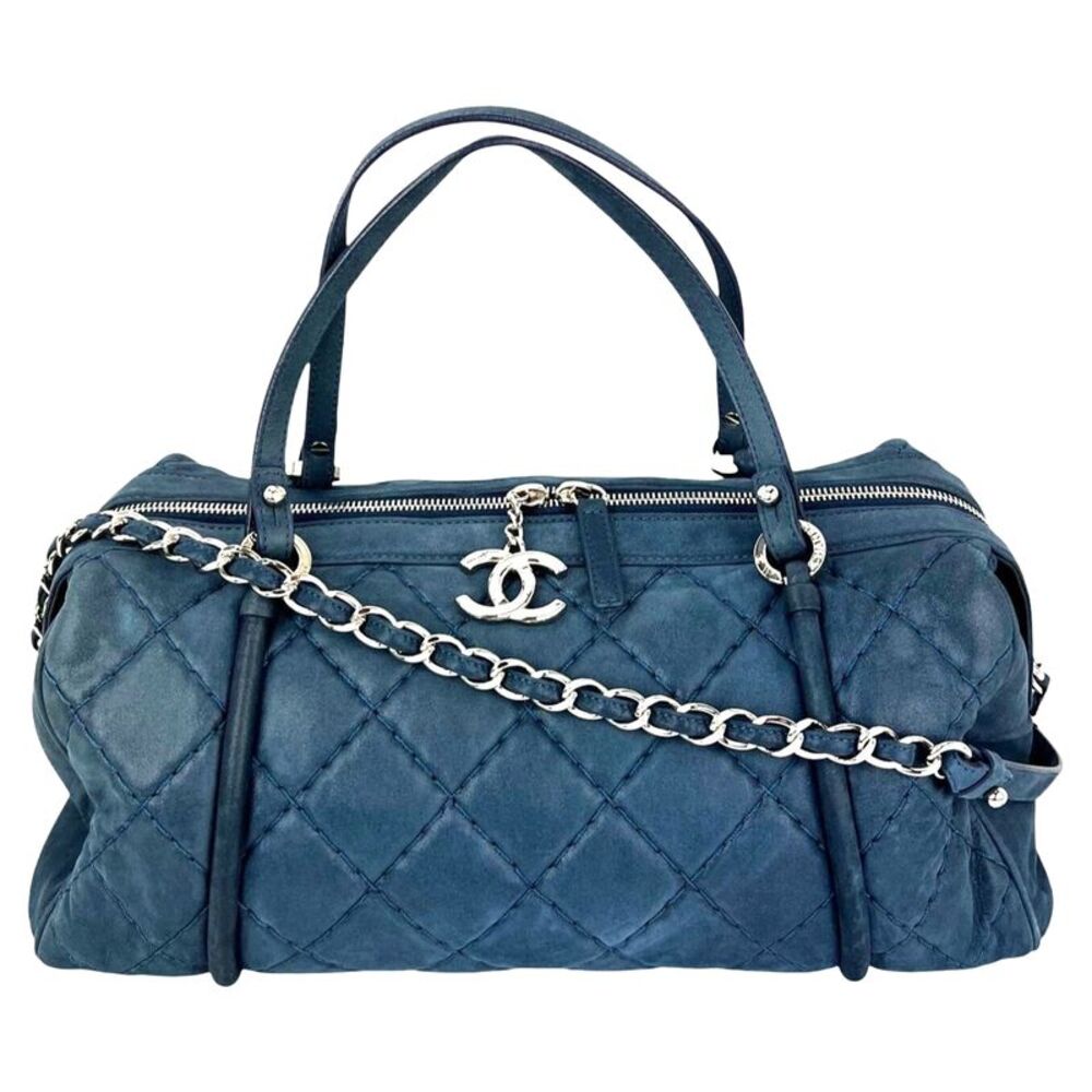 Chanel Relax CC Quilted Calfskin Suede Iridescent Blue Bowler Bag